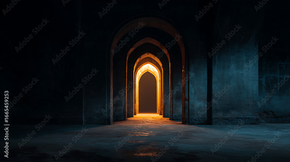 Fototapeta premium Light streams through ancient arches in a dimly lit corridor at dusk, revealing an intriguing passage ahead Generative AI