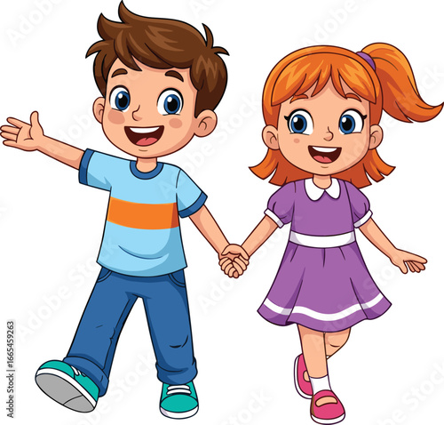 Cartoon boy and girl walking hand in hand, cheerful children friendship illustration, happy kids companionship, outdoor activity, childhood bonding vector art