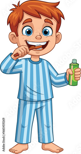 Cartoon red‑haired boy in blue striped pajamas brushing teeth with toothbrush and toothpaste, cheerful children’s hygiene illustration for books, posters, and educational designs