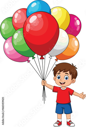 Cartoon child with brown hair holding colorful balloons, smiling in red shirt and blue shorts, cheerful celebration illustration for kids, parties, and festive designs