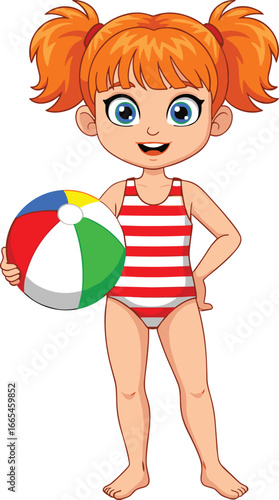 Cartoon girl with beach ball, cheerful child in swimsuit, vector illustration for summer, beach, poolside fun, kids’ activities, and holiday designs