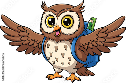 Cartoon owl with backpack, school supplies, cheerful bird character for education, learning, wisdom, back to school, vector illustration for children’s materials