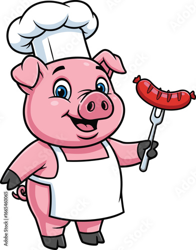 Cartoon pig chef holding fork with grilled sausage, wearing white hat and apron, fun cooking or barbecue illustration for food designs