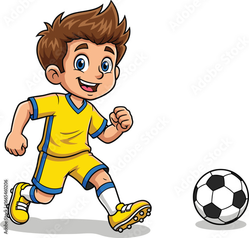 Cartoon boy playing soccer in yellow uniform, smiling football player character illustration for kids, sports, and recreational activity designs
