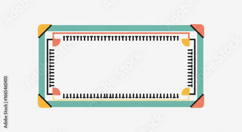 A rectangular frame with rounded corners and decorative elements resembling piano keys.