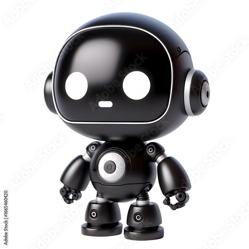 Cute smiling black robot man dancing 3D with glowing eyes with white background