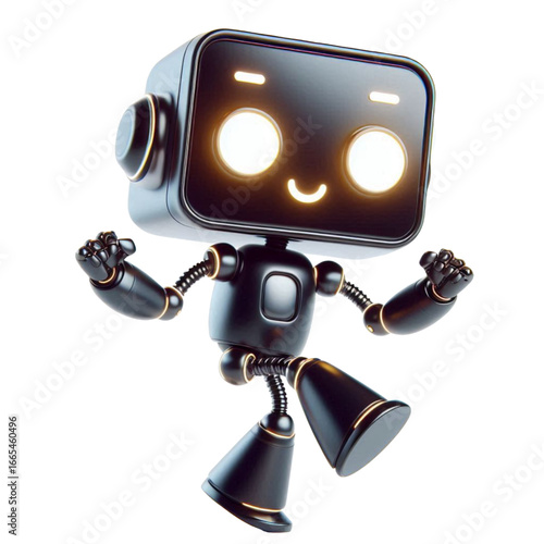 Cute smiling black robot man dancing 3D with glowing eyes with white background
