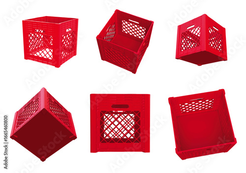 A red square plastic milk crate from six angles as vector file created by 3D modeling.