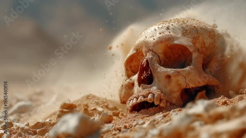 Ancient human skull partially buried in sand, archaeological discovery. Close-up view of weathered cranium revealing dental structure. Paleontology and anthropology research concept.