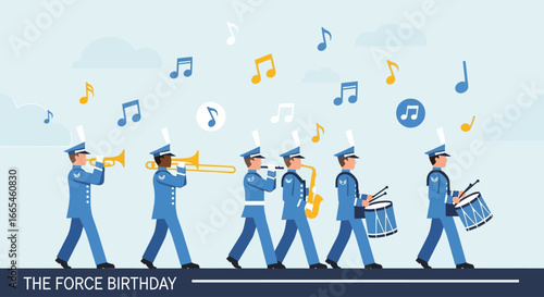A military band marches in formation, celebrating a birthday, with musical notes floating around them.