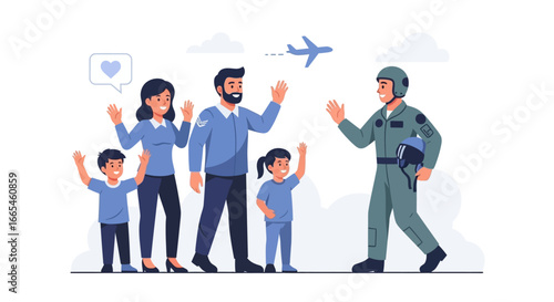 Family warmly greets returning airman, love, reunion, airport, homecoming.