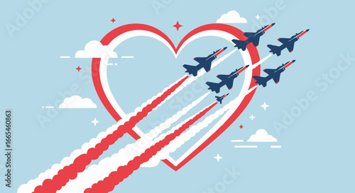 Patriotic jet formation flying in heart-shaped smoke trails.