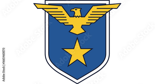 A blue and gold emblem featuring an eagle and star design on a shield.