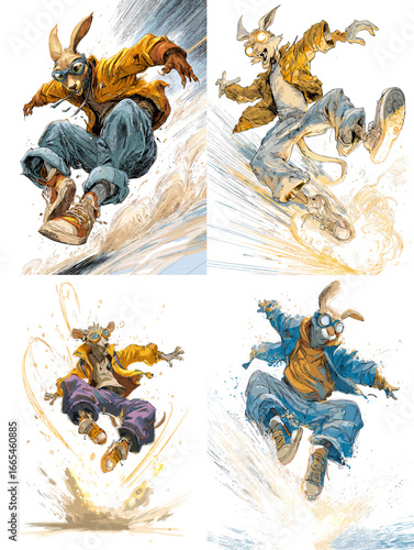 Dynamic anthropomorphic rabbit character skateboarding and jumping in energetic street art style, symbolizing freedom, fun, and urban creativity.