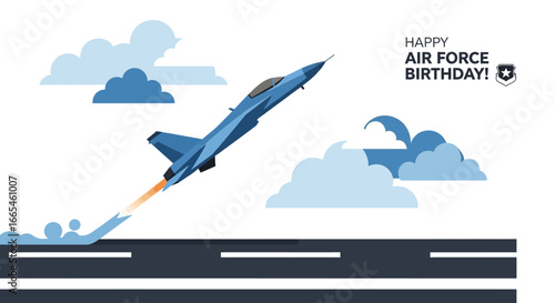 A blue fighter jet takes off from a runway with afterburners on, celebrating Air Force Birthday.