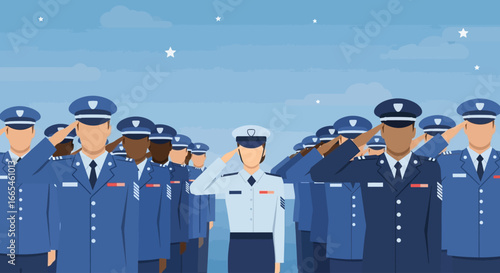 Military personnel in uniform saluting, a large group of soldiers standing at attention.