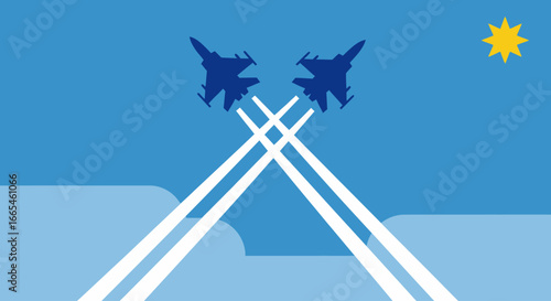 Two fighter jets perform a crossing maneuver with white contrails under a yellow sun.