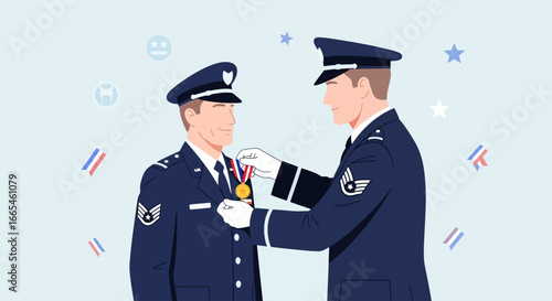 Air Force officer bestowing medal upon colleague, patriotic celebration.