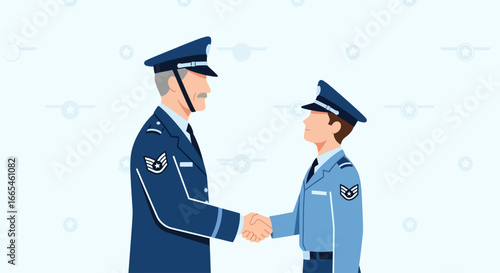 Two air force officers shaking hands, a senior officer and a cadet, symbolizing mentorship and transfer of knowledge.