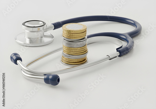 Stethoscope and coins representing healthcare costs and financial health.