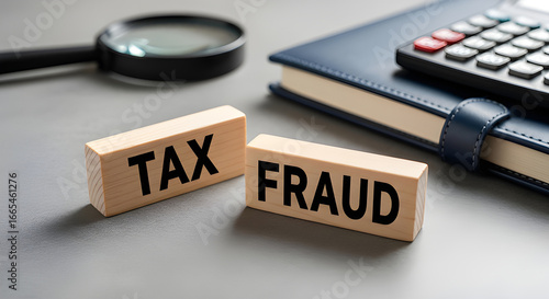 Tax fraud concept with blocks, calculator, and magnifying glass symbolizing financial crime.