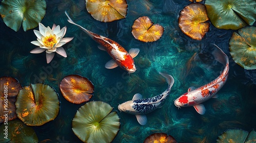 Three elegant koi fish swimming in a tranquil water garden