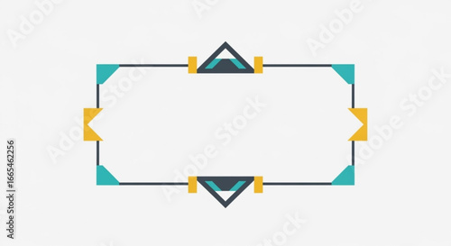 An animated geometric frame with teal and yellow accents assembling on a plain background.