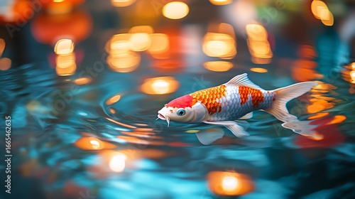a single koi fish in a calm pond with reflections of Chinese lanterns, bright feng shui inspired palette, rich and vibrant photography background