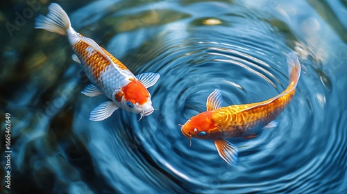 two koi fish in harmony with auspicious water ripples in feng shui style, symbolic Chinese composition, rich and vibrant photography background