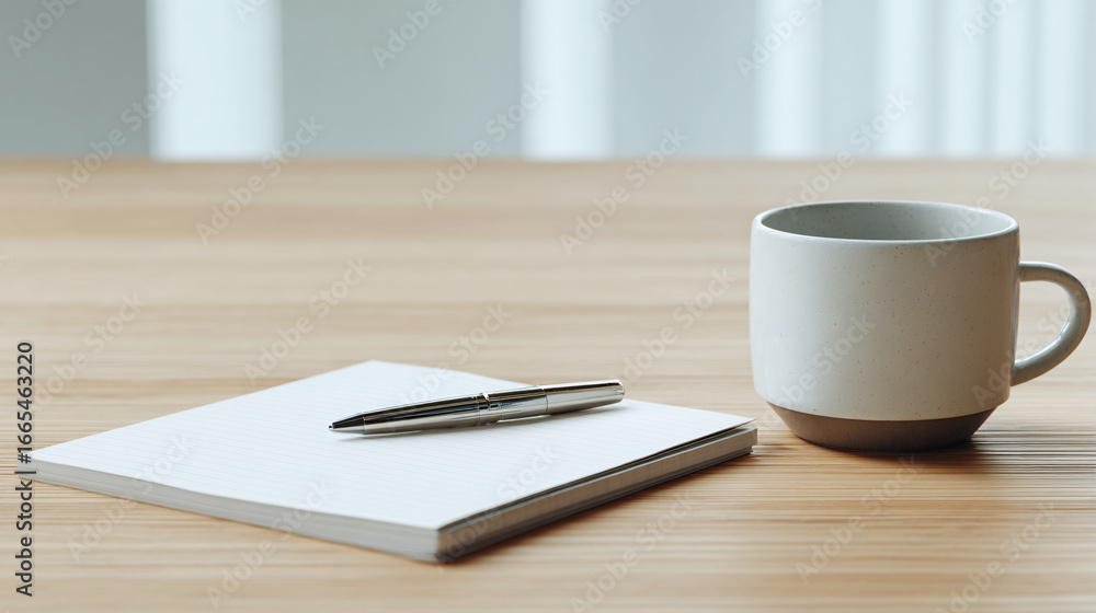 Close-up of modern meeting table with blank white notepad, simple generic pen, matte ceramic cup on smooth light wood surface, clean minimalist look Close-up of modern meeting table with blank white notepad, simple generic pen, matte ceramic cup on smooth light wood surface, clean minimalist look