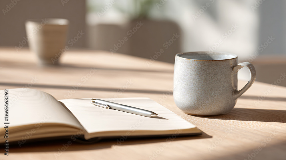 meeting desk with blank notepad, neutral-tone pen, and matte ceramic cup arranged neatly on smooth light wooden surface meeting desk with blank notepad, neutral-tone pen, and matte ceramic cup arranged neatly on smooth light wooden surface