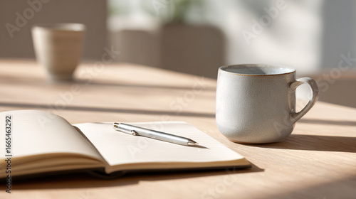 meeting desk with blank notepad, neutral-tone pen, and matte ceramic cup arranged neatly on smooth light wooden surface