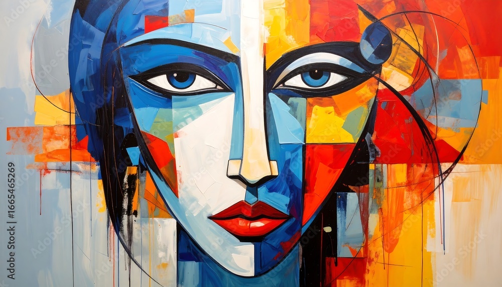 Fototapeta premium Vibrant abstract portrait of a woman's face, showcasing a bold color palette and geometric shapes.
