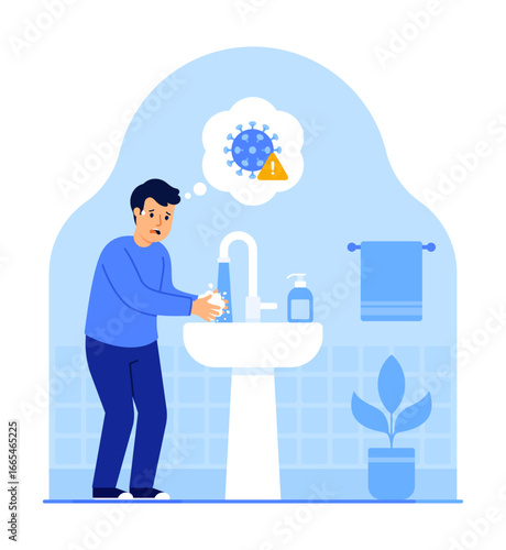 Germaphobe man washing hands in bathroom due to fear of germs. OCD, obsessive compulsive disorder, germophoby, misophobia, anxiety, hygiene, obsession, compulsion concept. Flat vector illustration