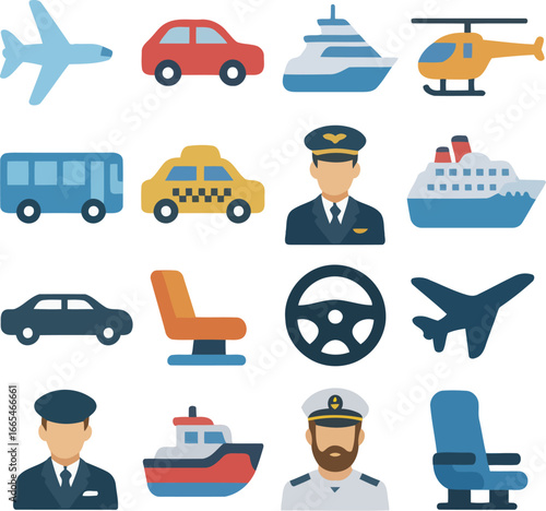 Transport Icons Collection: A vibrant collection of diverse transportation icons, neatly organized, showcasing a variety of modes from air to sea to road, each representing a journey, adventure.