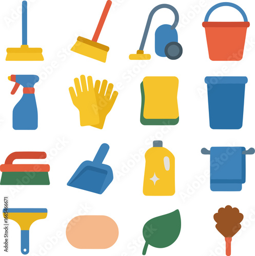 Cleaning Supplies Collection: A colorful arrangement of essential cleaning tools and products, providing a vibrant and organized visual representation.