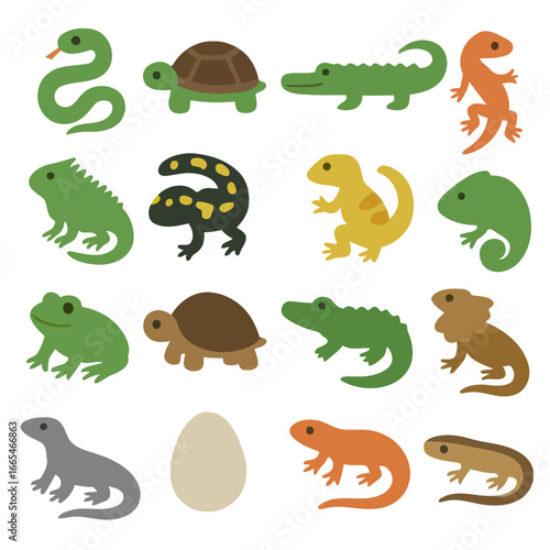 Reptile Varieties: A colorful array of illustrated reptiles, each depicted in a vibrant and stylized manner. The collection features a diverse set, inviting exploration of reptile shapes and colors.