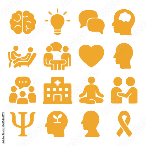 Psychology Icons: A collection of sixteen orange icons representing various aspects of psychology and mental wellness. Designed to inspire, inform and engage viewers.