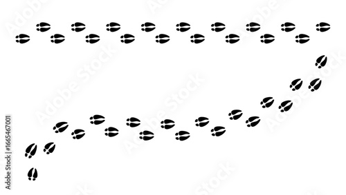 Deer footprint tracks vector illustration featuring two distinct trails of stylized black hoof prints including a straight line and a curved path perfect for nature and wildlife designs.