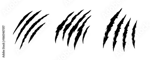 Claw scratch marks vector illustration featuring three sets of jagged parallel lines from a monster or wild animal for horror themes, fighting games, and aggressive designs.