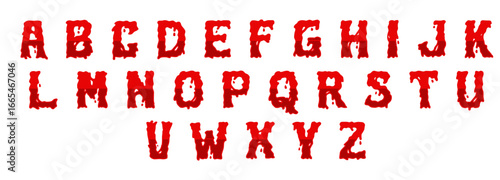 Bloody typography vector alphabet set featuring a horror themed font with realistic dripping blood effects, perfect for use in scary designs, Halloween, and crime scene posters or banners.