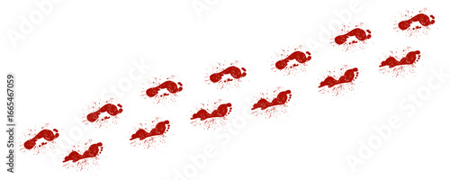 Bloody footprint vector set featuring a series of red shoe prints with splatters and drips, ideal for use in horror, Halloween, or a thrilling crime scene investigation design