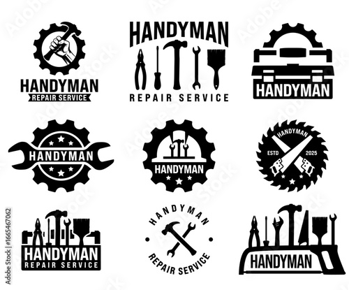 Handyman logo and badge vector set featuring a collection of black-and-white emblems and signs with repair tools such as hammers wrenches and saws for a variety of services.