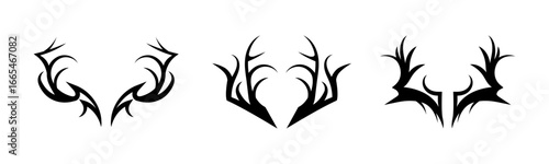 Set of three abstract and stylized vector silhouettes of animal horns or antlers, featuring sharp, curving shapes in a tribal-inspired design, perfect for unique graphic elements.