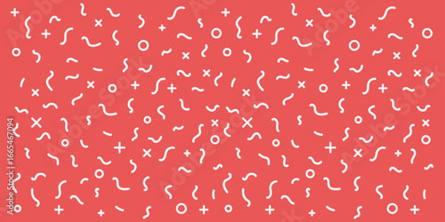 Seamless abstract geometric pattern with a modern and minimalist design, featuring random scattering of simple shapes, wavy lines, crosses, and circles for a playful and contemporary projects.