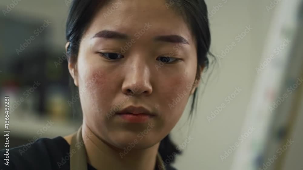 Focused Asian Artist Painting on Canvas in Studio Focused Asian Artist Painting on Canvas in Studio