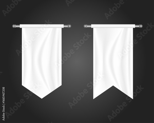 Blank white pennant banner vector set with pointed and swallowtail shapes, perfect for advertising and heraldic designs, featuring a realistic fabric texture and hanging on a black background