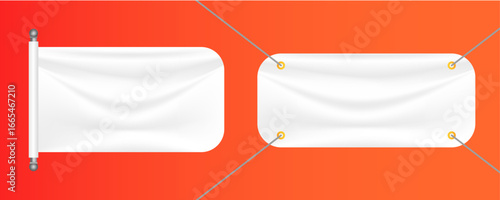 Blank white banner vector set featuring a horizontal scroll and a hanging rectangular design, perfect for advertising and promotion, with a realistic fabric texture against a vibrant orange backdrop