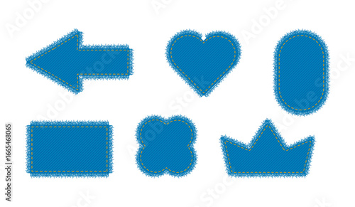 Set of Patches denim arrow claver crown, heart shape with stitches seam torn Frayed edges jeans label fashion illustration. Flat apparel blue color template isolated on white background
