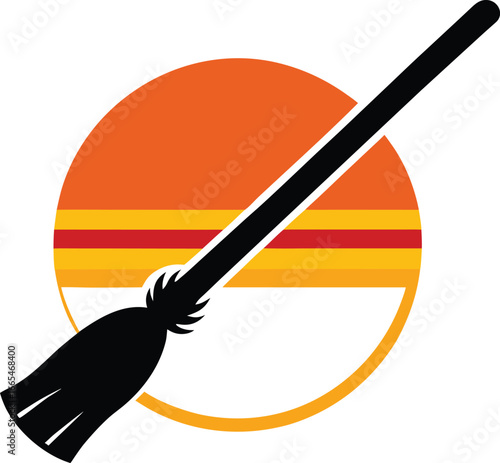 a broomstick silhouette on retro stripe sun on whi.eps